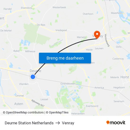 Deurne Station Netherlands to Venray map