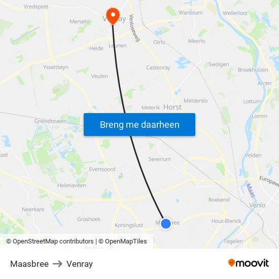 Maasbree to Venray map