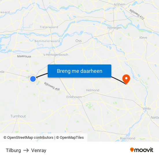 Tilburg to Venray map