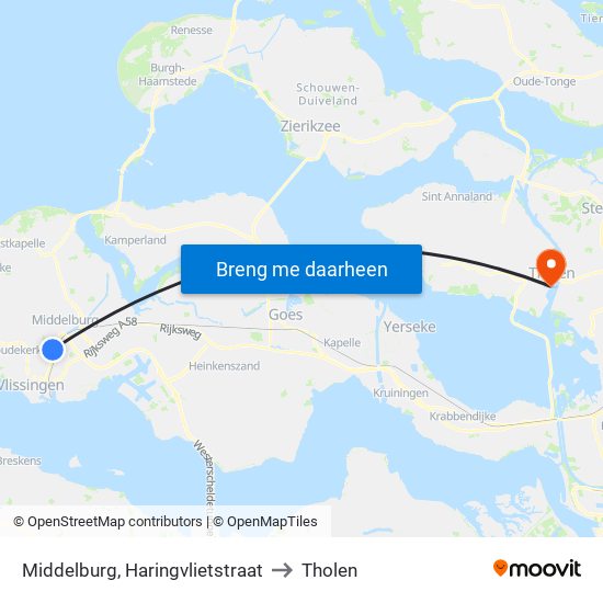 Middelburg, Haringvlietstraat to Tholen map