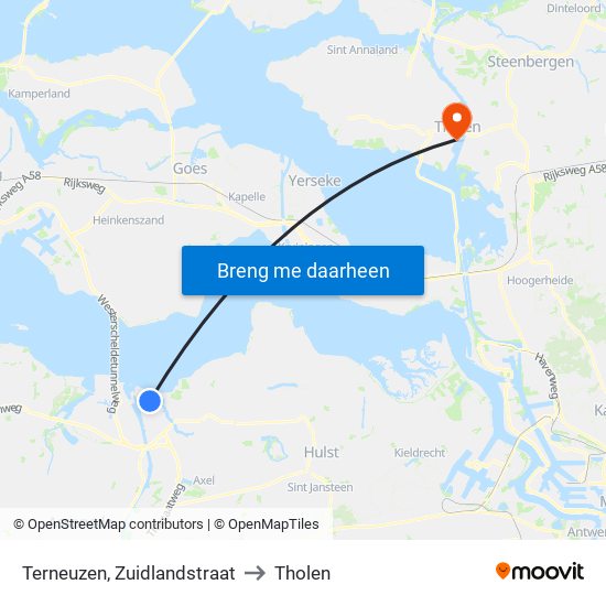 Terneuzen, Zuidlandstraat to Tholen map