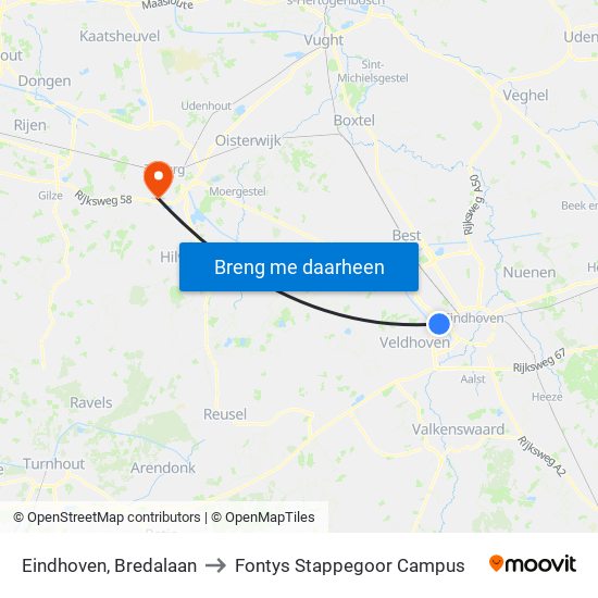 Eindhoven, Bredalaan to Fontys Stappegoor Campus map