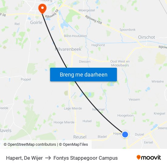 Hapert, De Wijer to Fontys Stappegoor Campus map