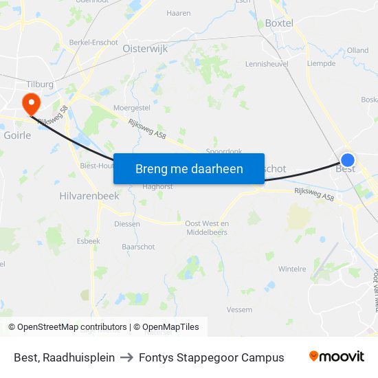 Best, Raadhuisplein to Fontys Stappegoor Campus map