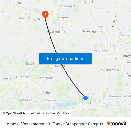 Lommel, Vossemeren to Fontys Stappegoor Campus map