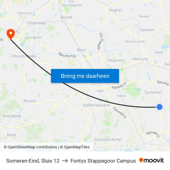 Someren-Eind, Sluis 12 to Fontys Stappegoor Campus map