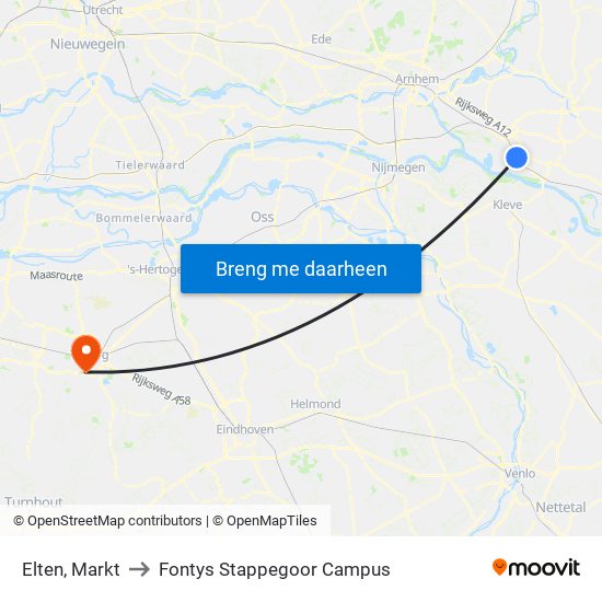 Elten, Markt to Fontys Stappegoor Campus map