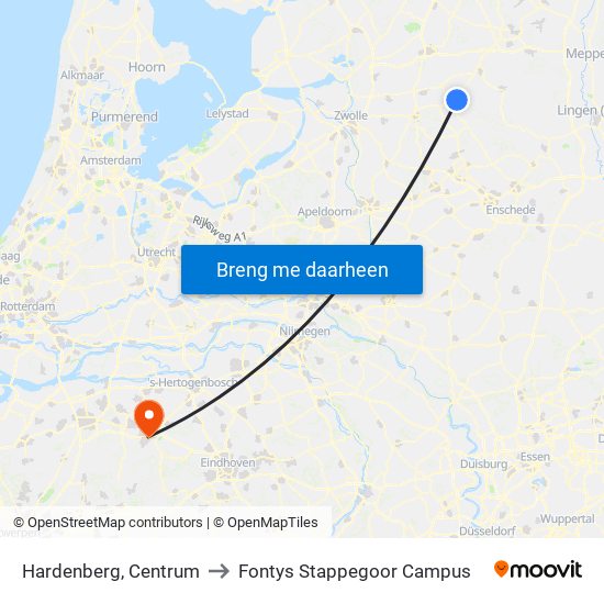 Hardenberg, Centrum to Fontys Stappegoor Campus map