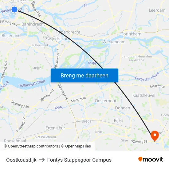 Oostkousdijk to Fontys Stappegoor Campus map