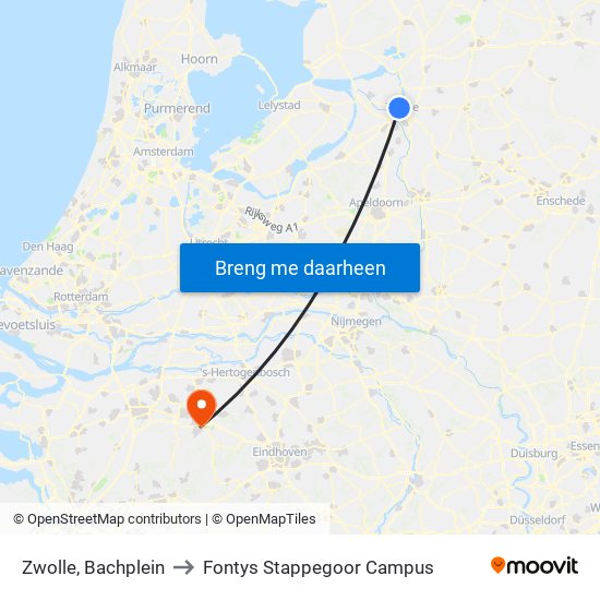 Zwolle, Bachplein to Fontys Stappegoor Campus map