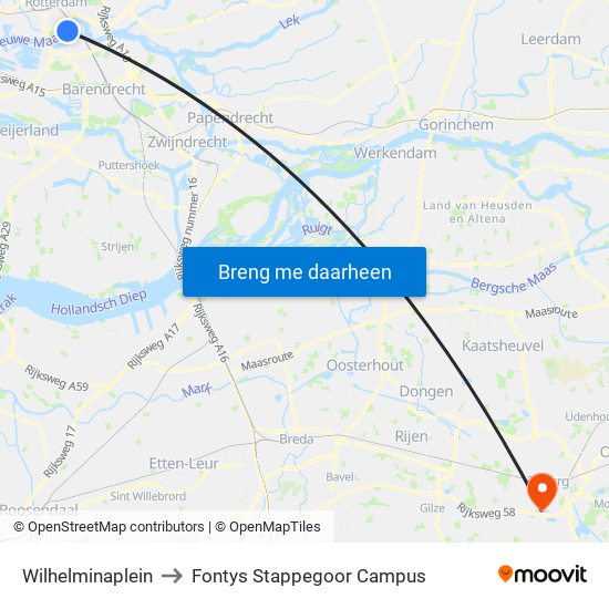 Wilhelminaplein to Fontys Stappegoor Campus map