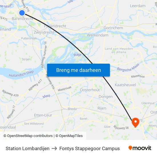 Station Lombardijen to Fontys Stappegoor Campus map