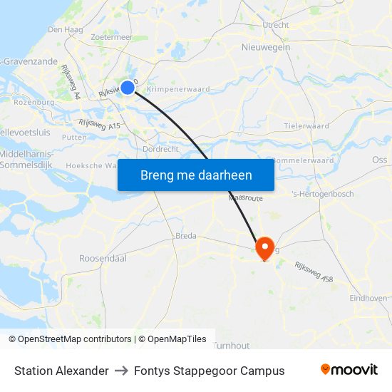 Station Alexander to Fontys Stappegoor Campus map