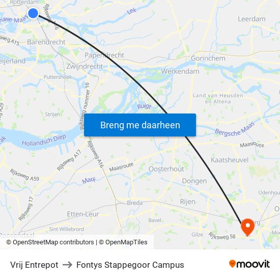 Vrij Entrepot to Fontys Stappegoor Campus map