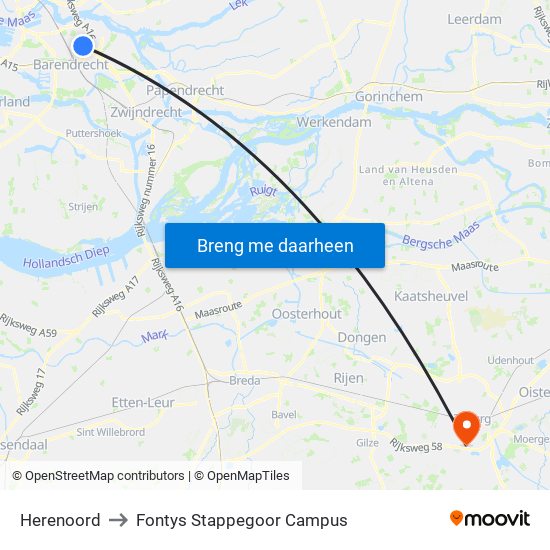 Herenoord to Fontys Stappegoor Campus map