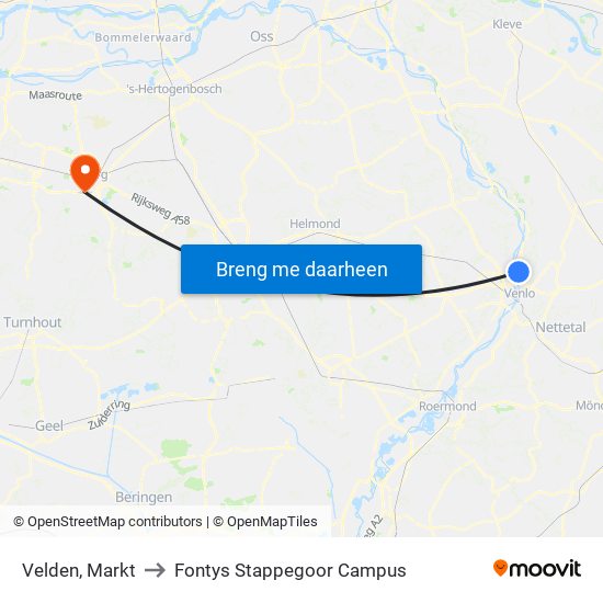 Velden, Markt to Fontys Stappegoor Campus map