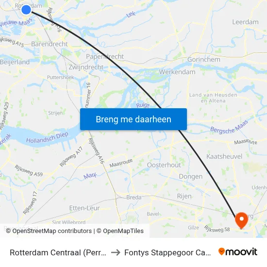 Rotterdam Centraal (Perron E) to Fontys Stappegoor Campus map