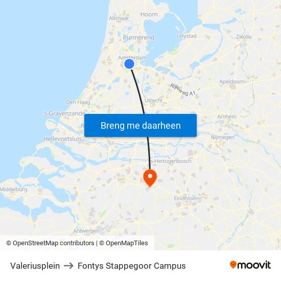 Valeriusplein to Fontys Stappegoor Campus map