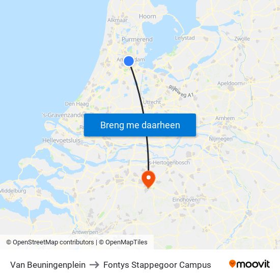Van Beuningenplein to Fontys Stappegoor Campus map