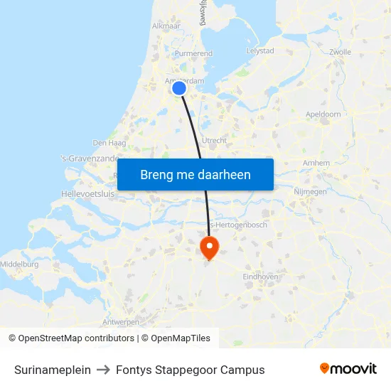 Surinameplein to Fontys Stappegoor Campus map