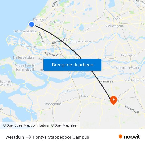 Westduin to Fontys Stappegoor Campus map