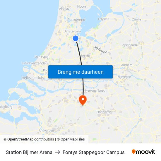 Station Bijlmer Arena to Fontys Stappegoor Campus map