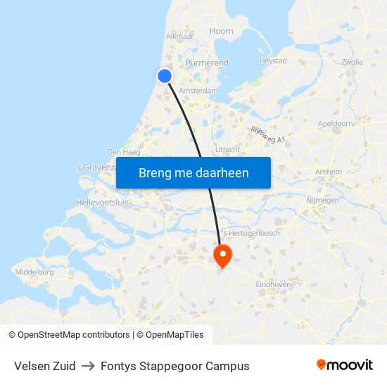 Velsen Zuid to Fontys Stappegoor Campus map