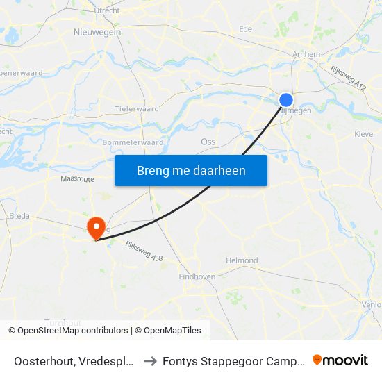 Oosterhout, Vredesplein to Fontys Stappegoor Campus map