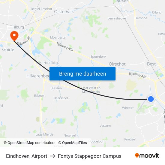 Eindhoven, Airport to Fontys Stappegoor Campus map