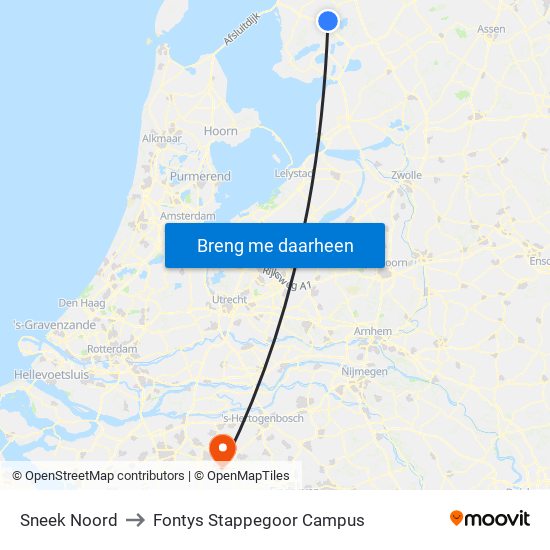 Sneek Noord to Fontys Stappegoor Campus map