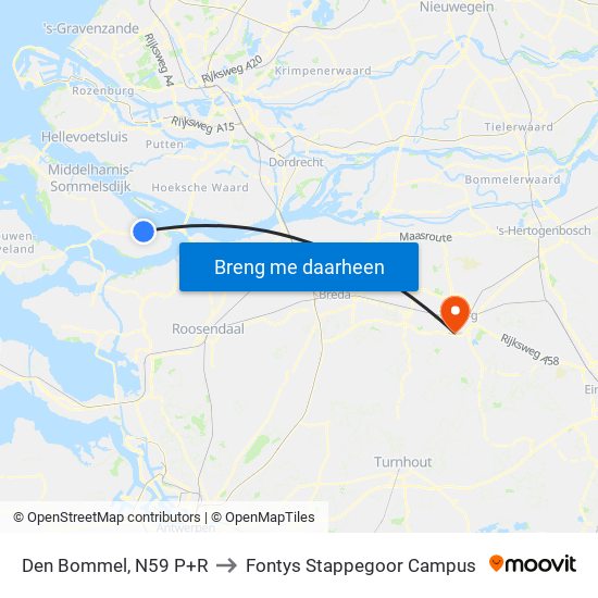 Den Bommel, N59 P+R to Fontys Stappegoor Campus map