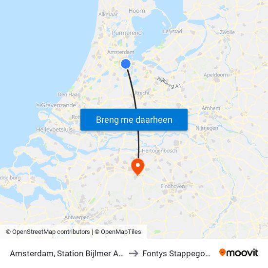 Amsterdam, Station Bijlmer Arena (Perron J) to Fontys Stappegoor Campus map