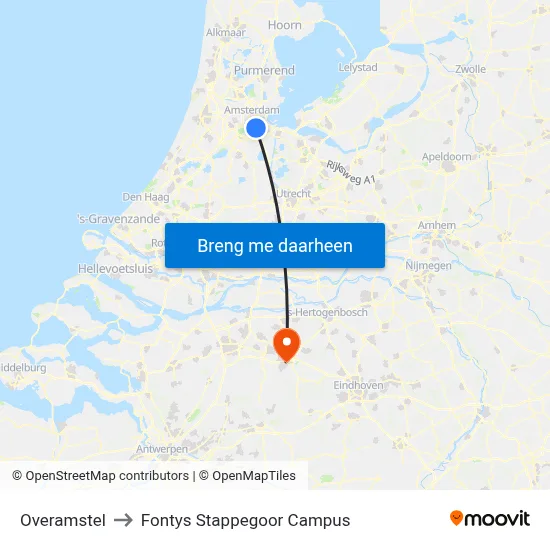 Overamstel to Fontys Stappegoor Campus map
