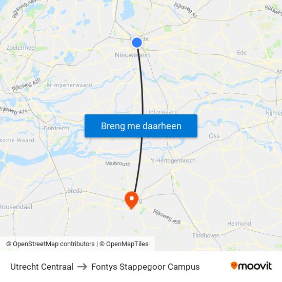 Utrecht Centraal to Fontys Stappegoor Campus map