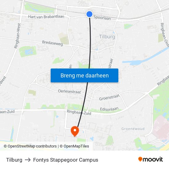 Tilburg to Fontys Stappegoor Campus map