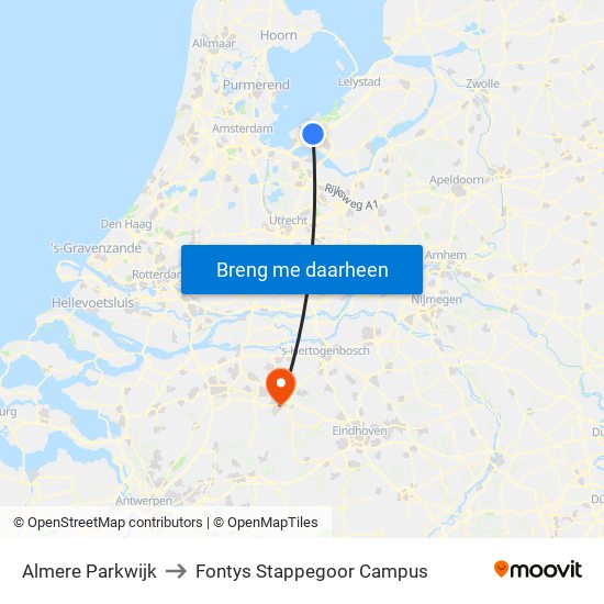 Almere Parkwijk to Fontys Stappegoor Campus map