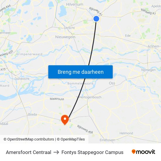 Amersfoort Centraal to Fontys Stappegoor Campus map