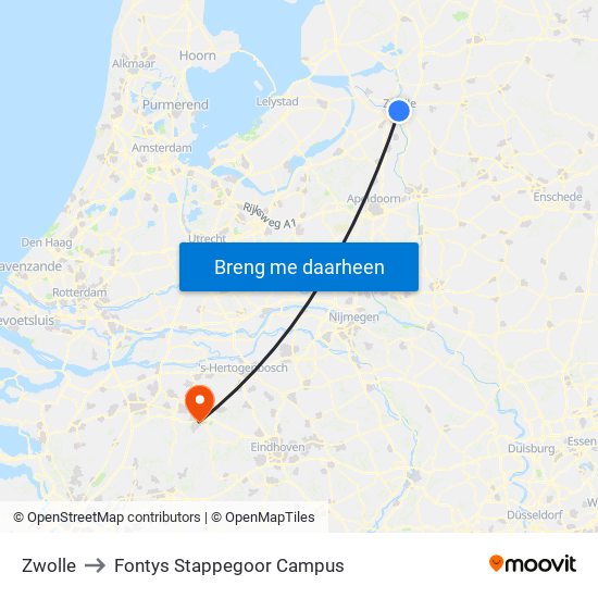 Zwolle to Fontys Stappegoor Campus map