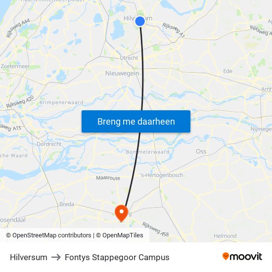 Hilversum to Fontys Stappegoor Campus map