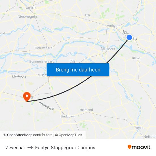 Zevenaar to Fontys Stappegoor Campus map