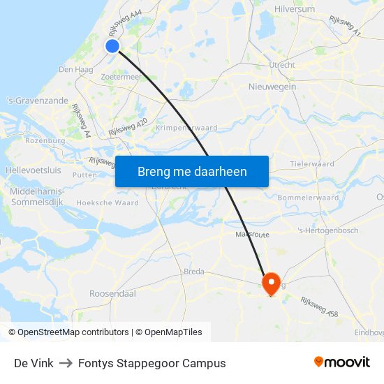De Vink to Fontys Stappegoor Campus map