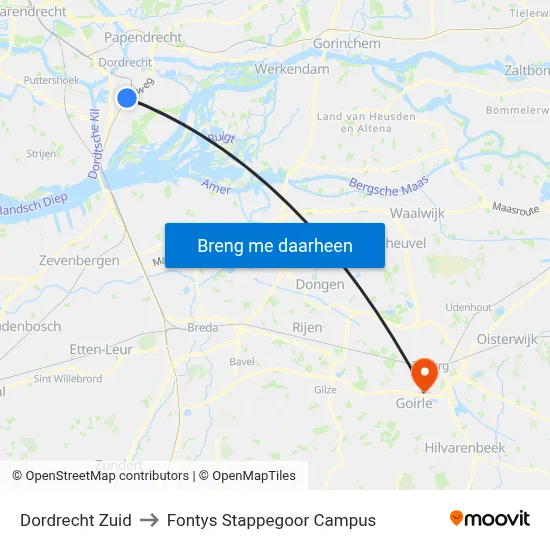 Dordrecht Zuid to Fontys Stappegoor Campus map