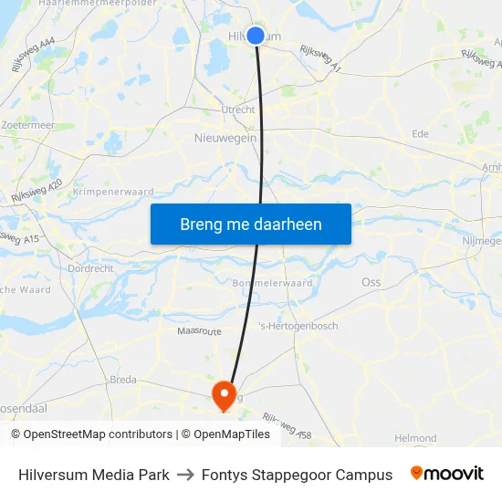 Hilversum Media Park to Fontys Stappegoor Campus map