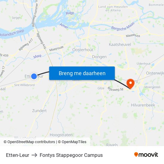 Etten-Leur to Fontys Stappegoor Campus map