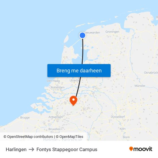 Harlingen to Fontys Stappegoor Campus map