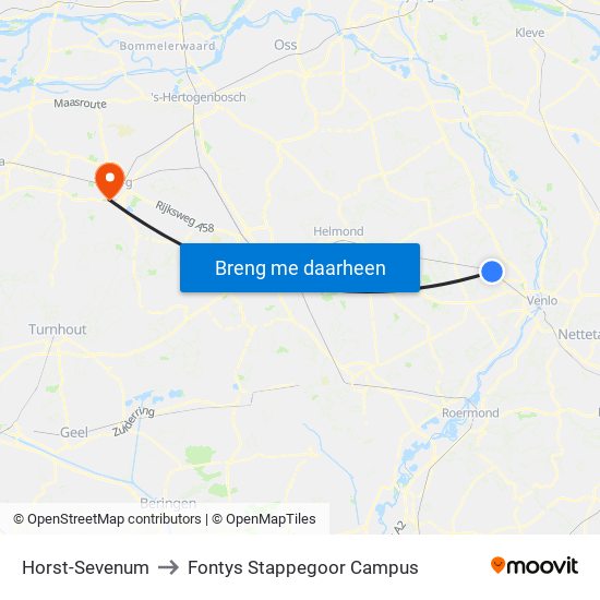 Horst-Sevenum to Fontys Stappegoor Campus map