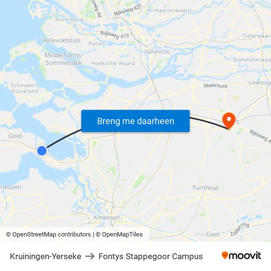 Kruiningen-Yerseke to Fontys Stappegoor Campus map