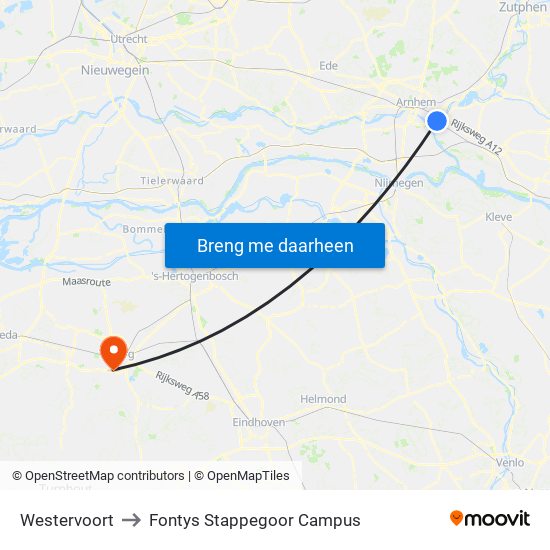 Westervoort to Fontys Stappegoor Campus map