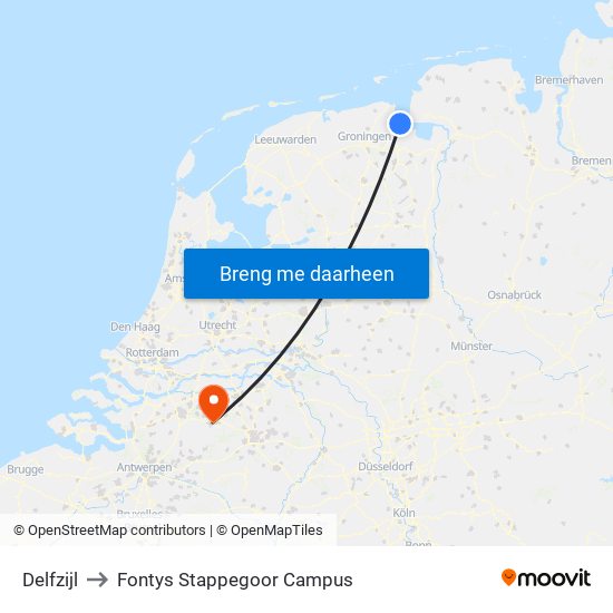 Delfzijl to Fontys Stappegoor Campus map