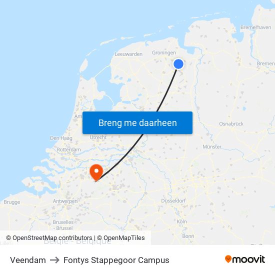 Veendam to Fontys Stappegoor Campus map